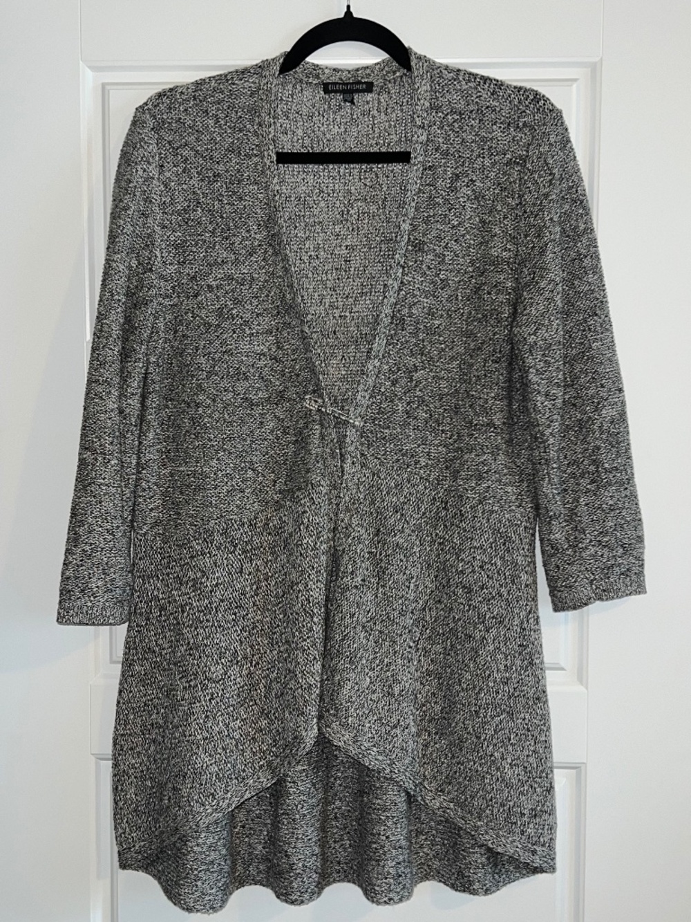 Eileen Fisher Blk/White Marled High Low Cardigan 3/4 Sleeves Pin Closure Size S